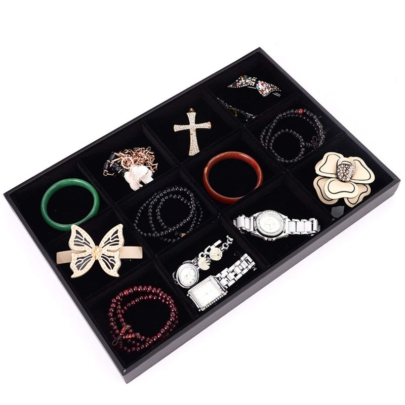Pimuza Black Velvet Stackable 12 Grid Jewelry Tray for Women Gemstone Pendant,Diamond,Showcase Display Organizer Holder Storage Modern Box Case Pad Stackers for Valet Closet,Decorate Vanity Table - Image 2